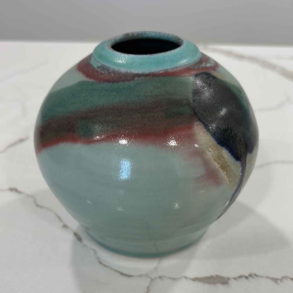 Artist Signed Turquoise Drip Glaze Pottery Vase